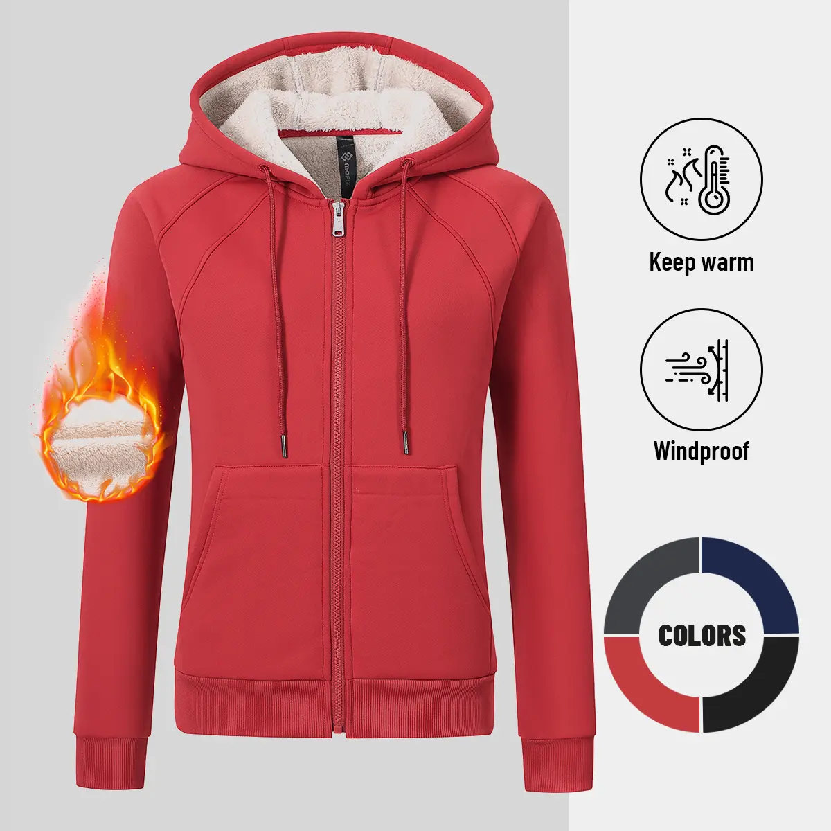 MoFiz Women's Fleece Lined Zip-Up Hoodie Jacket, Warm Thick Winter Sweatshirt with Pockets for Casual Outdoor Wear