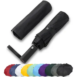 46 Inch Large Automatic Travel Umbrella, 12 Ribs Windproof Design, Heavy Duty  210T Pongee Fabric Folding Umbrella with Sleeve, Black