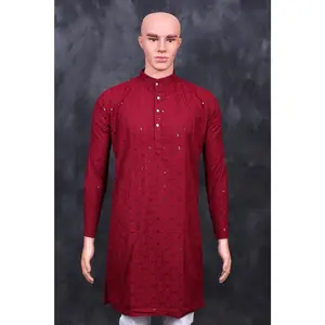 Maroon Men's Lakhnavi Kurta with Resham Embroidery