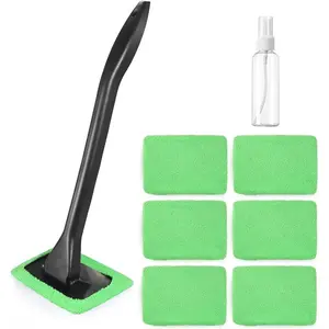Windshield Cleaner Tool Car Window Cleaner with 6 Reusable and Washable Microfiber Pads and Extendable Handle Auto Inside Glass Wiper Kit (Green)