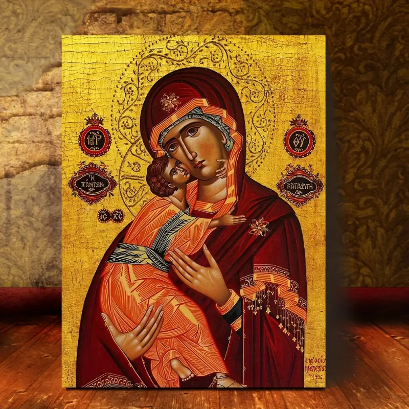 1 Piece, Framed, 11.8X 15.7inch , Virgin Mary Icon, Greek Orthodox Christian Icon, Mother of God Byzantine Art, Mother of God Wooden Hanging Sign, Handmade Hanging, Religious Decoration