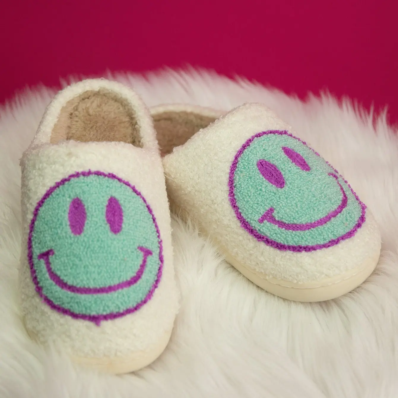 Teal Retro Smiley Slippers