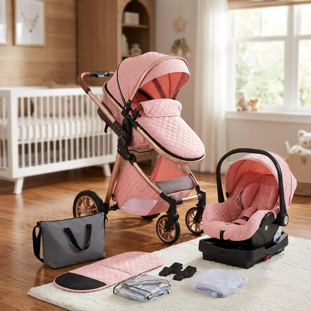 4-in-1 Portable Foldable Baby Stroller with Car  Function, Multifunction Travel System Featuring Convertible Bassinet, Adjustable  Positions, Large Sun Canopy, Lightweight Frame, Safety Belt Protection for Newborns, Travel, Park Walks and Shopping point
