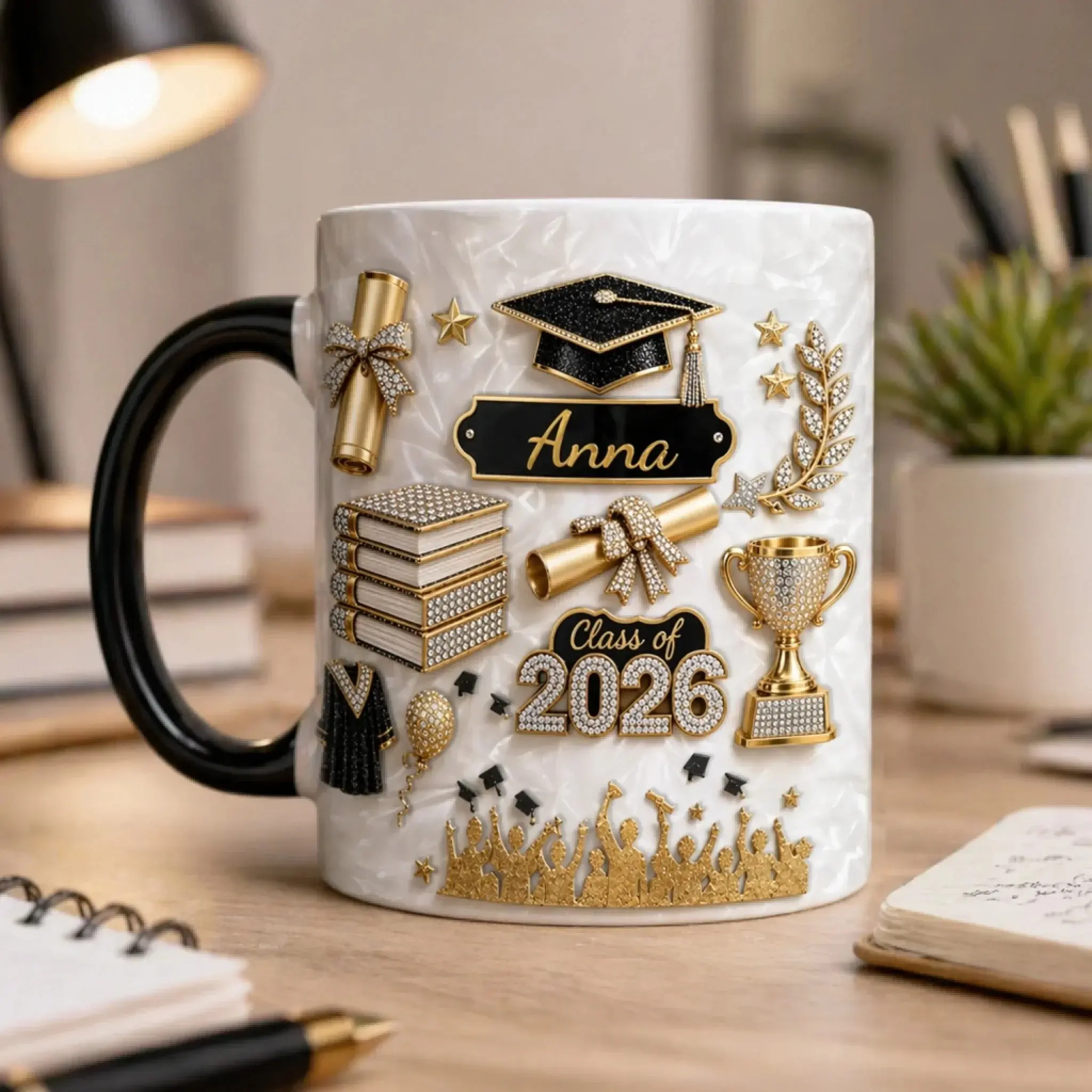 Personalized Graduation Faux 3D Ceramic Mug, Custom Dream Big Shine Bright Cup, Graduate Gift, 2D Flat Printed Ceramic Cup, Gift For Fan