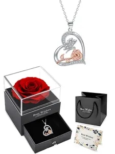 Heart Rose Pendant Necklace Full Diamond Pendant & Eternal Flower Rose Gift Box, Exquisite Jewelry Gift, Birthday Anniversary Christmas Gifts for Wife Mom Girlfriend