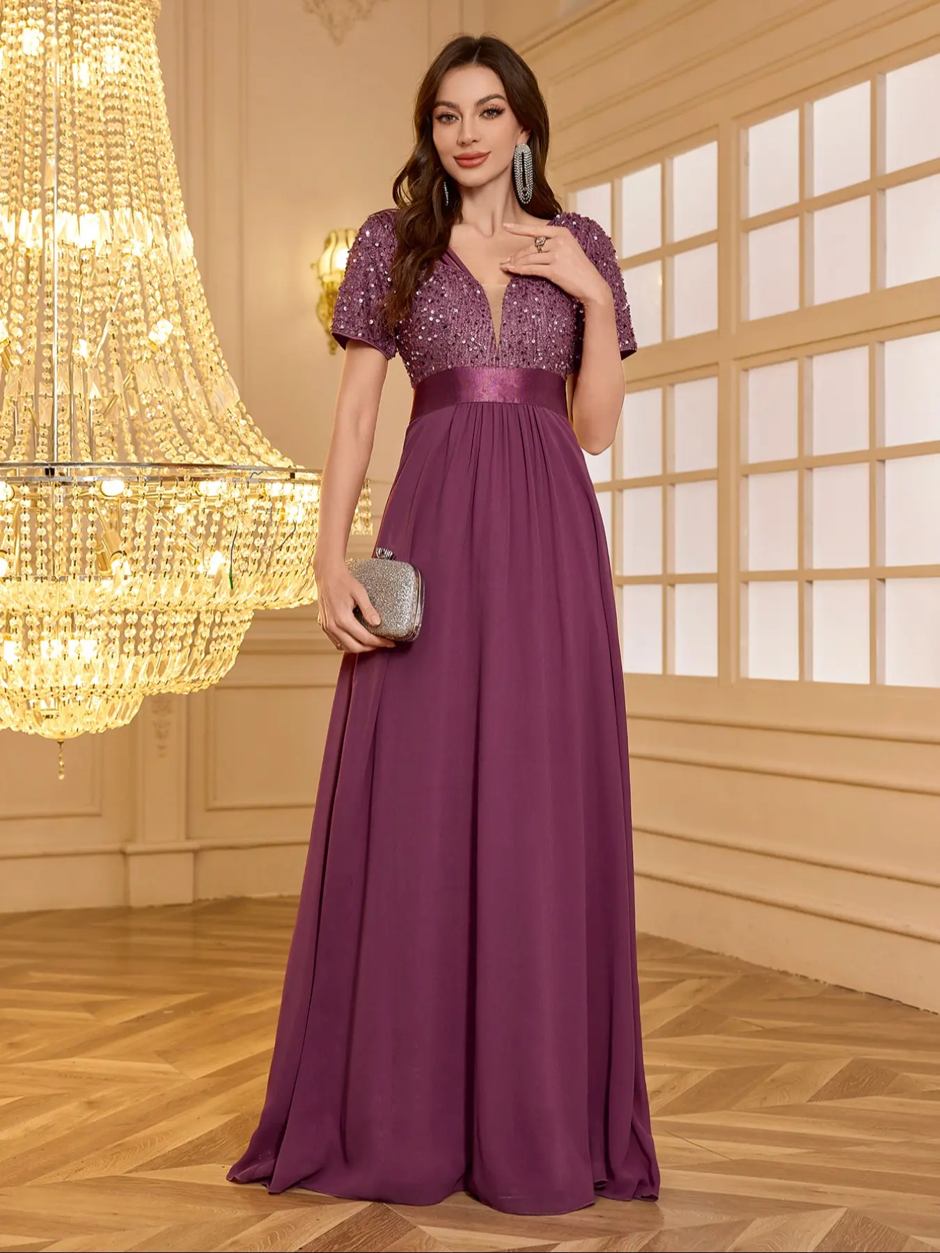 Elegant Chic Formal Deep V Neck Sequin Patchwork Short Sleeve Waist Cinching Backless Evening Maxi Gown Dress, Recycled Fabric Party Dress, Elegance