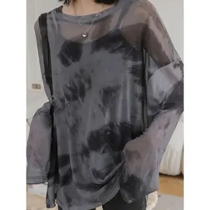 Vintage Tie-dye Oversized Casual Grunge Women T-shirts 2026  Aesthetic Harajuku Mesh Shirts Streetwear See Through Tees Femme