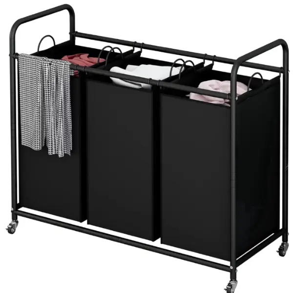3-Bag Laundry Sorter Cart with Wheels, Heavy Duty Rolling Hamper, Removable Bags, Laundry Room Organizer, Black