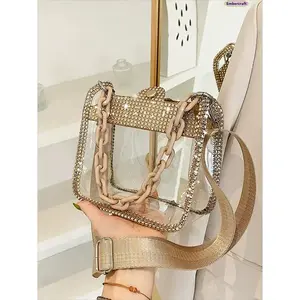 Clear Crossbody Bag for Women, Transparent PVC Saddle Purse with Diamond Chain Strap, Stylish Shoulder Bag for Concert, Stadium, Party, Travel