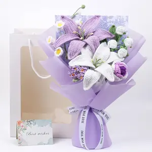 Crochet Flower Bouquet,  Knitted Lily Faux Crochet  for  Decor Valentines Day Anniversary Weddings Birthdays Mother's Day, Includes  Bag and Greeting Card (Lily)