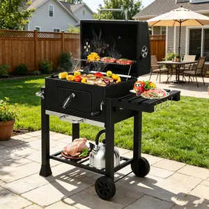 Heavy Duty Portable Charcoal BBQ Grill With Foldable Side Shelf & Wheels, Large Cooking Area Grill For Backyard Grilling