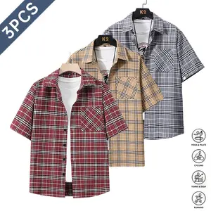 Men’s Short-Sleeve Shirt 3-Pack (with pockets), Stylish Plaid Design, Classic Versatile Tops for Everyday Casual Wear