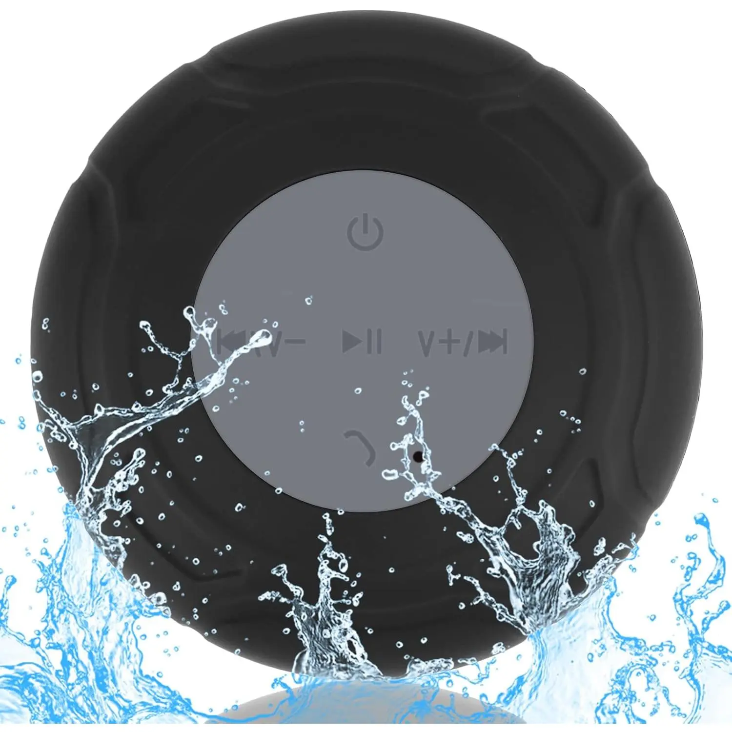 Mini Bluetooth Waterproof Resistant Rechargeable Portable Speaker with Suction Cup, Handsfree Speakerphone, Built-in Mic, USB-C, for Smartphones, MP3 Players, Bathroom, Kids Gifts - Black
