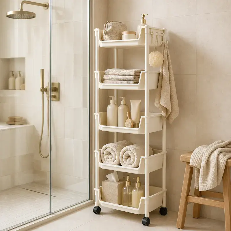 5-tier vertical rolling storage rack with casters – narrow space-saving kitchen fruit and vegetable organizer, bathroom cart