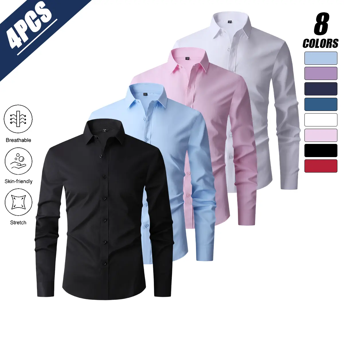 4PCS Men’s Long Sleeve Solid Color Button Shirt for Weddings/Dates, Business Casual Breathable Set, Men’s Apparel, Four-Way Stretch