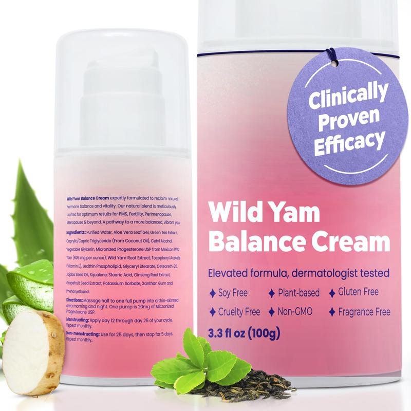 Organic Wild Yam Cream for Hormonal Balance, PMS, Menstrual Support, Menopause Relief & More. Natural Progesterone for Women. Made in USA - 3.3floz-100g wild yam cream