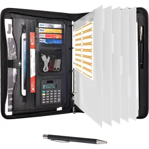 Portfolio Organizer - 3 Ring Binder with Zipper, Vegan Leather Business Padfolio Folder with Notepad Includes 5 Clear Sheet Protectors for Documents Files for Men Women