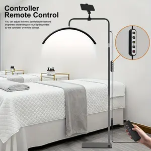 23'' LED Half Moon Lash Lamp with Phone Holder - 360° Rotation, 3 Color Modes, Adjustable Height - Bright Floor Light for Eyelash Tech, Tattoo Artist table