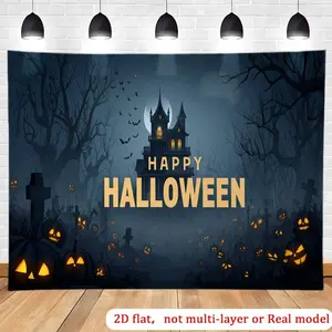 1pc 2D Flat Gothic Castle Happy Halloween Backdrop Banner - Jack-o'-Lanterns & Bats Print, Durable Photo Wall Textile, Indoor-Outdoor Party Decoration, Easy-Hanging for Weddings, Wedding