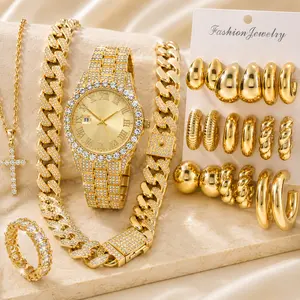 "Sparkling Rhinestone Jewelry Set – Complete fashion accessory bundle with a dazzling watch, chunky chain bracelet, cross pendant necklace, statement ring, and versatile multi-style earrings. Perfect for daily wear, parties, dates, and gifts."
