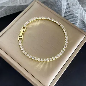 Stainless Steel 4mm Zirconia Tennis Chain Bracelet Gold Plated 16cm 18cm Wristband Luxury Bling Crystal CZ Charm Dainty Stackable Layered Jewelry Gift for Women Men Party Anniversary