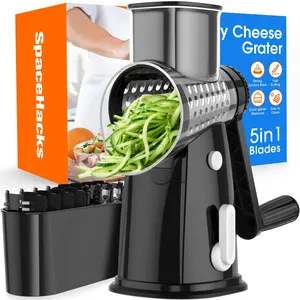 Rotary Cheese Grater with Handle, 5 Well-Designed Blades, Strong Suction Cup Base, Kitchen Utensils Vegetable Slicer Dicer Fruit Vegetable Slicer Gadgets Kitchen