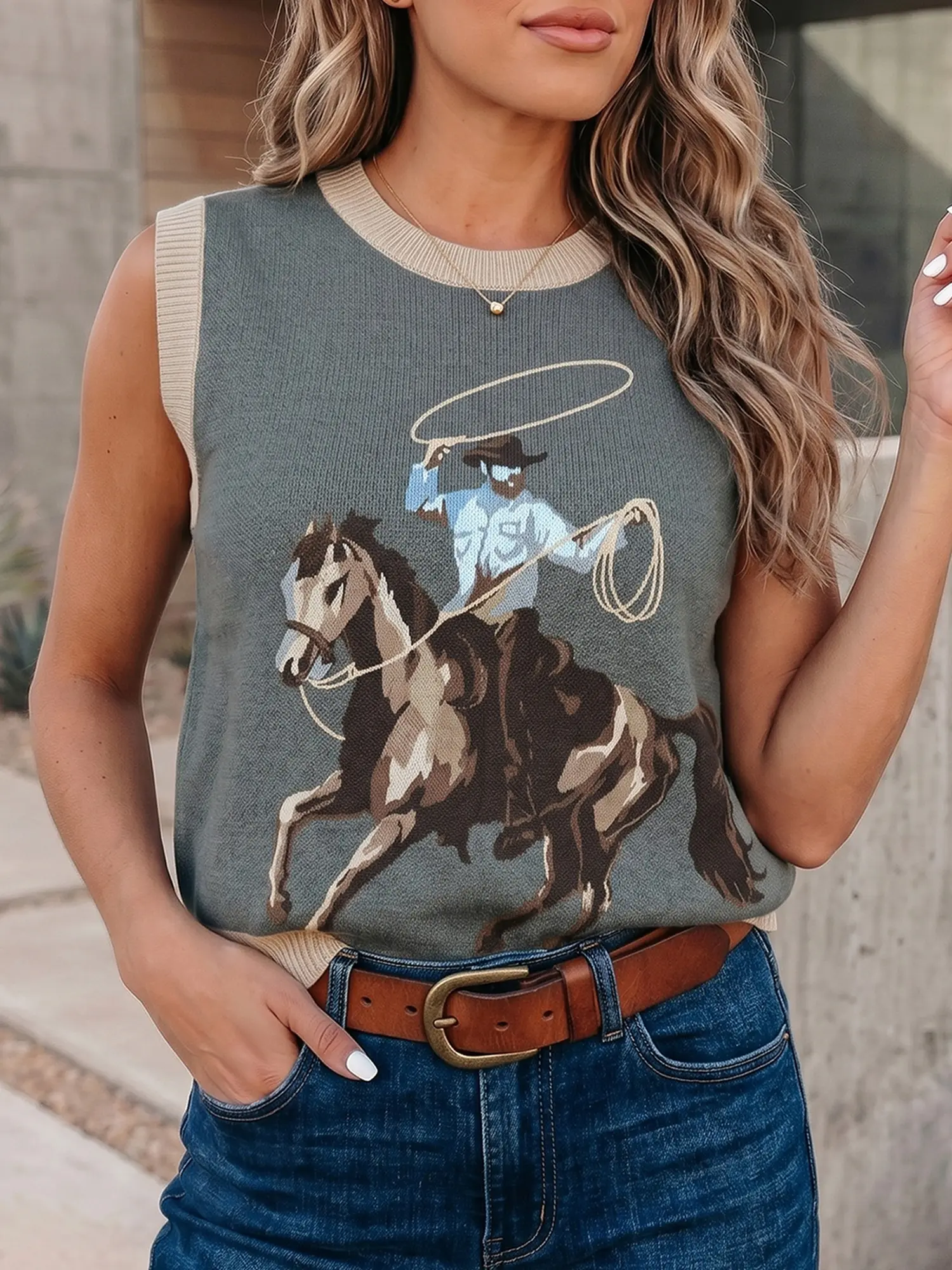 Gray Western Print Colorblock Trim Sleeveless Knitwear Vest