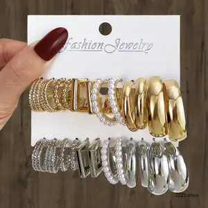 Gold Silver Hoop Earrings Set for Women Trendy Chunky Huggie C Shaped Pearl Earring Pack Rhinestone Square Jewelry Girls Office Casual Party Wear
