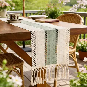 Pastel Green & White Crochet Table Runner with Tassels - Spring Patio Dining Decor for Outdoor & Indoor Spaces