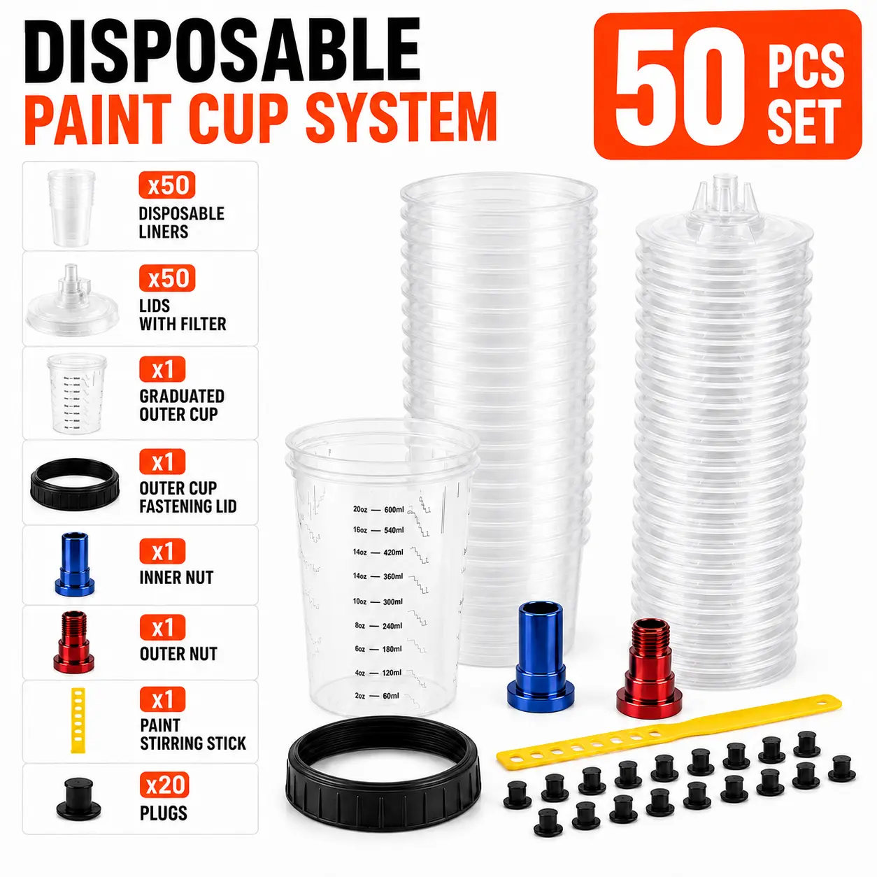 RRJ Transparent Disposable Paint Cups Set for HVLP-LVLP Spray Guns, Enamel-Compatible, 800/600/200mL Scaled Hard Cups, 50 Cups+Lids, Ring, Male/Female Connector, Adapter, Paint Stirrer, High-Capacity Mode Adjustment Device, Paint Spraying Tool, 360° Spray