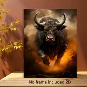 12x16 Inches Fierce Bull Canvas Art Print - Unframed Modern Wall Decor with Dynamic Flame Background, Perfect for Bedroom, Living Room, or Farmhouse Style Spaces, Wall Art Decor