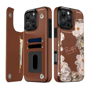 Shockproof Wallet Case with Card Holder - Simple Floral Design for iPhone 17/16/15 Pro Max 14 Plus/13/12/11 Pro/Air