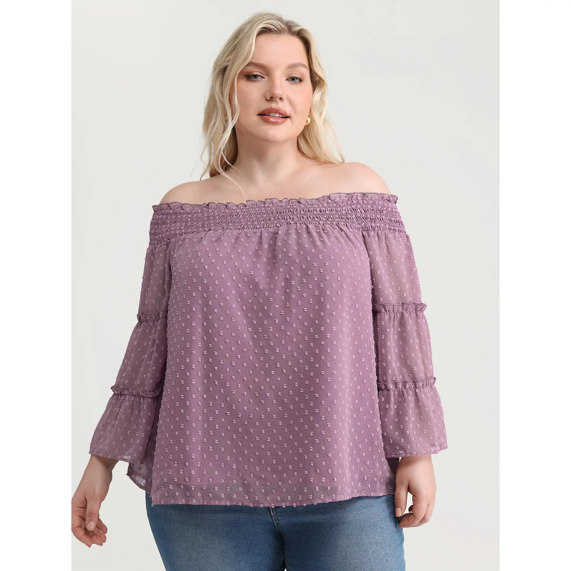 BloomChic Women's Plus Size 1-Shoulder Mini Crop Blouse - Mauve Textured Long Bell Sleeves, Fitted Smooth Machine-Washable Polyester Casual Top, One Shoulder