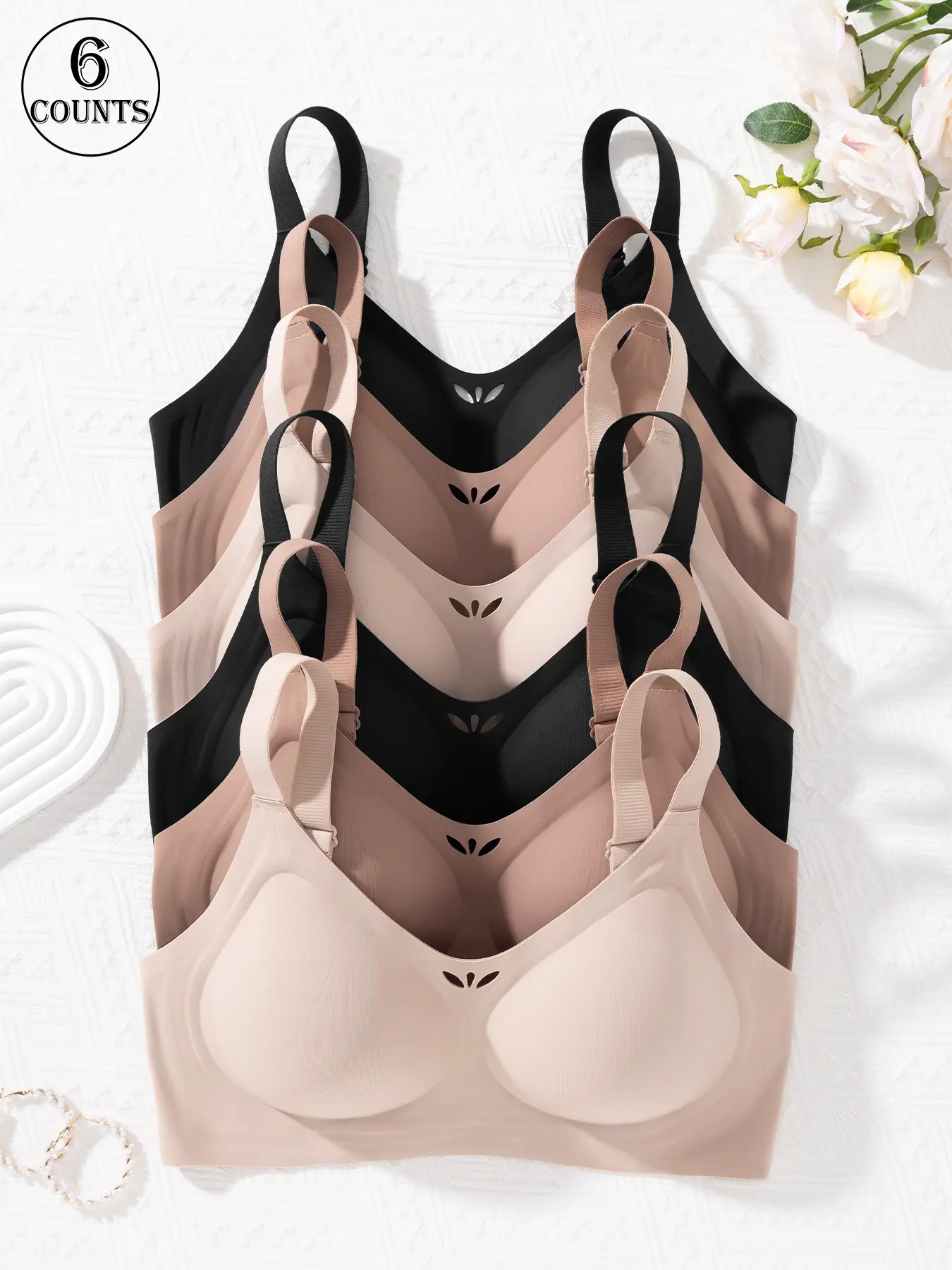 6 pack Solid color non-marking cut-out design women's bra, No padded bra, Wirefree sports bra, skin-friendly Anti-sagging gathering High stretch adjustable shoulder straps Seamless sports bras