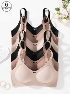 6 pack Solid color non-marking cut-out design women's bra, No padded bra, Daily casual sports Underwire-free underwear Comfortable skin-friendly Anti-sagging gathering High stretch adjustable shoulder straps Seamless bra