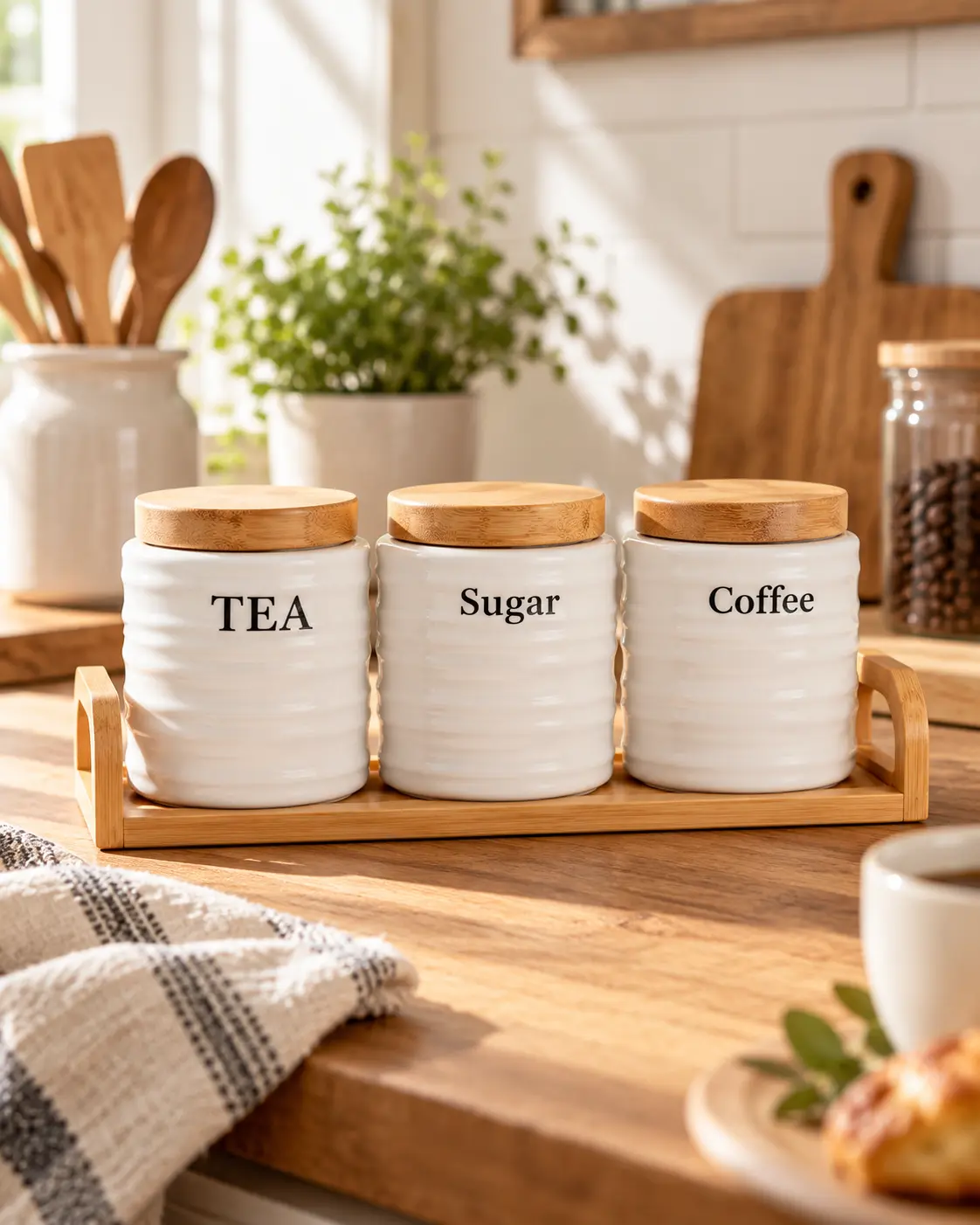 3-Piece Ceramic Tea Sugar & Coffee Canister Set with Bamboo Lids & Tray