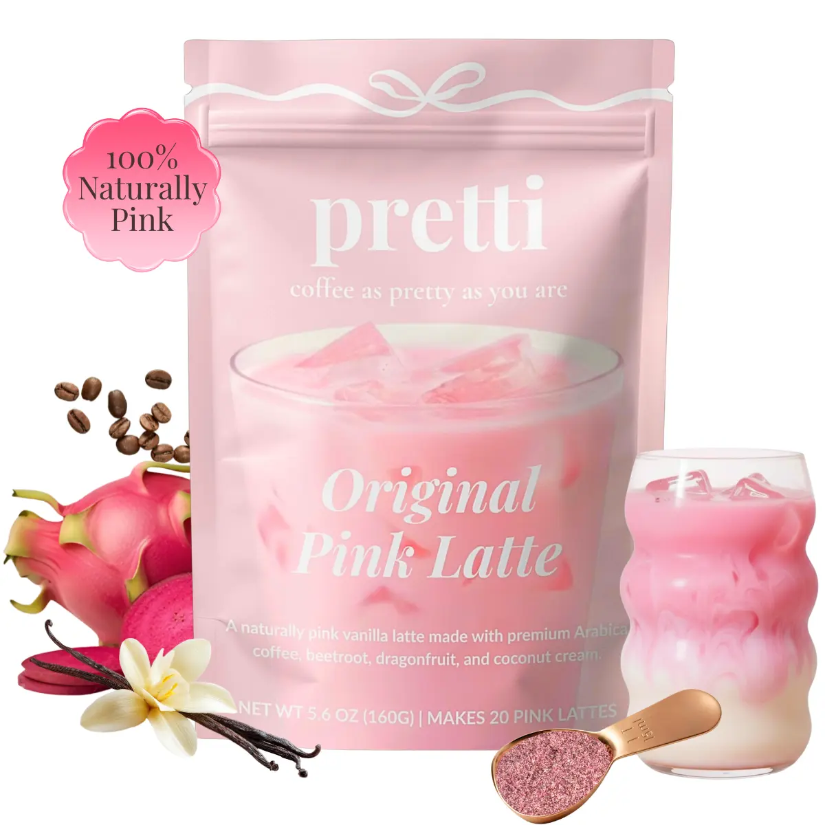 ORIGINAL PINK LATTE - Creamy Vanilla Instant Latte with Premium Arabica Coffee, Beetroot, Dragonfruit, Monk Fruit, 0 Artificial Dyes, 50mg Caffeine, 20 Servings, Coffee Alternative, Dairy-Free Low-Calorie Beverage
