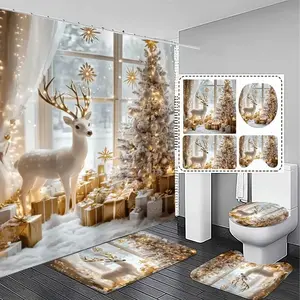 1/4pcs Christmas golden luxury elk theme design shower curtain set, festive design, non-slip floor mat, U-shaped carpet, toilet lid cover, perfect for bathroom decoration, partition, Bathroom Decoration Accessories, free 12 shower curtain hooks