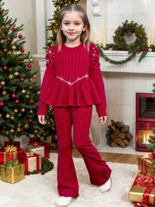 Adorable Girls Christmas Outfit | Sparkly Festive Red Ribbed Knit Peplum Top & Flared Pants 2PC Set | Cozy Toddler Girl Holiday Clothes for Xmas Parties & Family Photoshoots | Gift for Girls 4-7