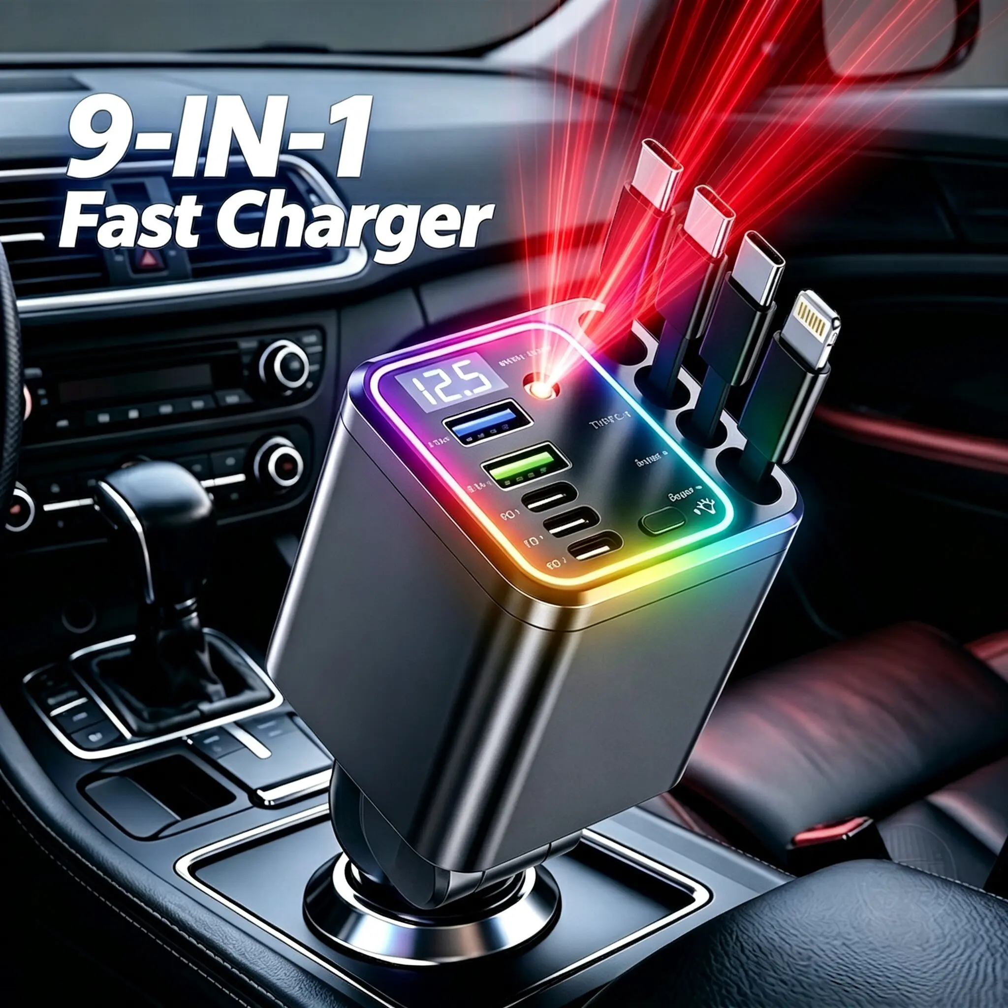 120W Retractable Car Charger, 9-in-1 Fast Charging Station with 4 Built-in Cables & Star Projector, RGB Ambient Light,LED Voltage Display, Multi-Plug Car Accessories for iPhone & Android, Essential Road Trip Organizer