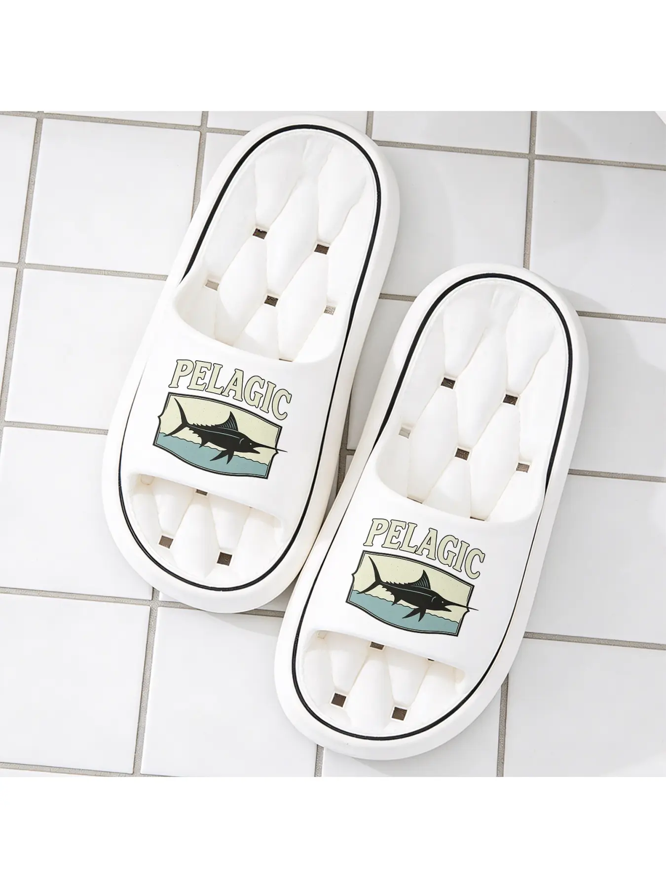 "PELAGIC" Marlin Fish Print Quick-Dry Hollow Out Slide Slippers, Non-Slip Drainage Bathroom Shower Shoes, Soft Cushioned Home Sandals for Fishing & Outdoor Fans