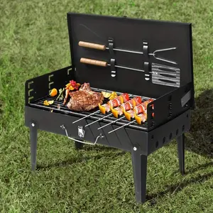 44*27*7cm Black Portable Square Folding Charcoal Grill, Compact Outdoor BBQ Grill for Backyard, Lawn, Picnic, Camping, Beach, and Party Use