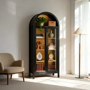 FREDEES  Arched Display Cabinet with Glass Doors, 72” Tall Bookcase 5-Tier Curio Storage Pantry Cabinet with 3 Color LED Lights for Collectibles, Human Sensor Design,  Kitchen Pantry for Living Room,Office,Black