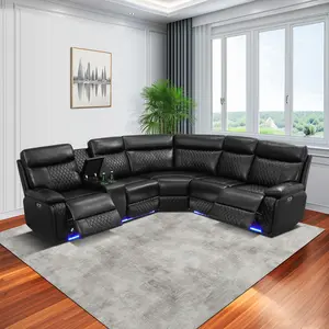 Dark Breathable Semi PU Leather Living Room Left Side Recliner Multifunctional Sofa Set