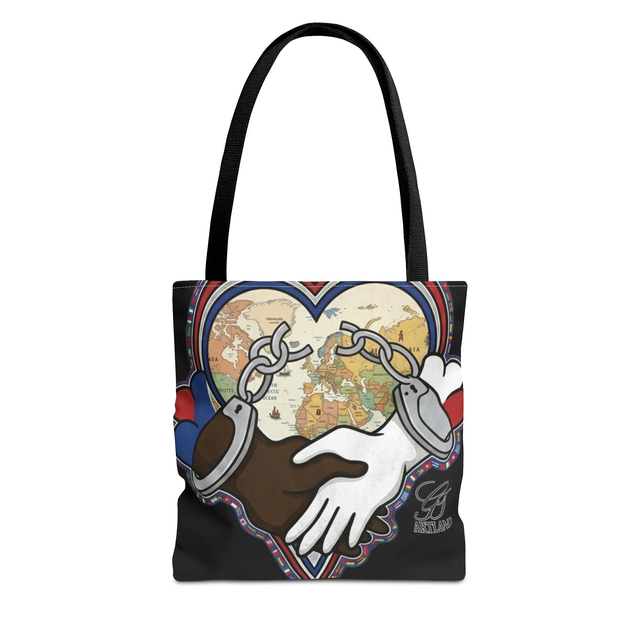 Interracial Unity Heart Handcuffs Tote Bag | All-Over Print by GT Artland