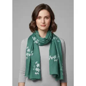 Intricate Floral Pansy Embroidered Light Weight Summer Shawl Scarf Wrap Green
