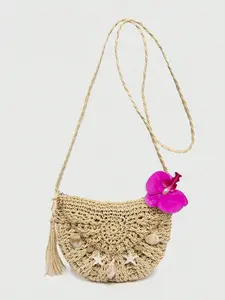 Practical texture straw woven shell crossbody bag with vacation style, decorated with starfish and star shells, tassel and flower embellishment, crescent shaped bag, Half Moon Purse, casual style, versatile for beach/vacation, Handbag Shoulder Purse