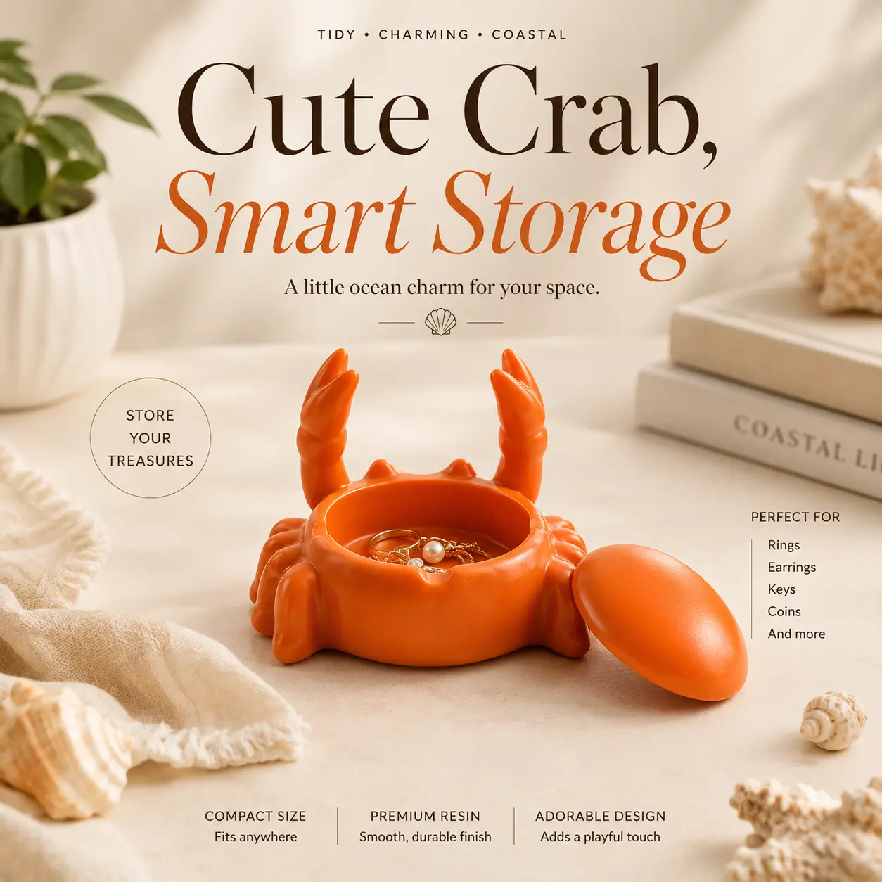 Cute Resin Crab Trinket Box with Removable Lid - Home Organiser, Coastal Decoration, Room Accessories for Smokers, Jewelry, Keys, Coins, Earbuds, Beach House Gift