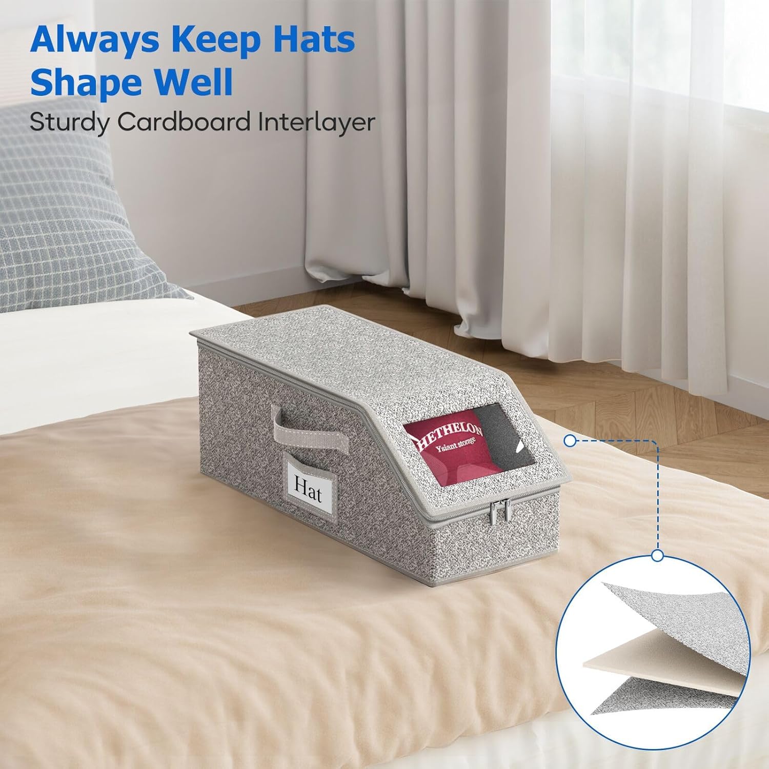 Hat Organizer for Baseball Caps Grey Storage Holder Container Holds Up to 12 Caps with Clear Window for Closet Organization