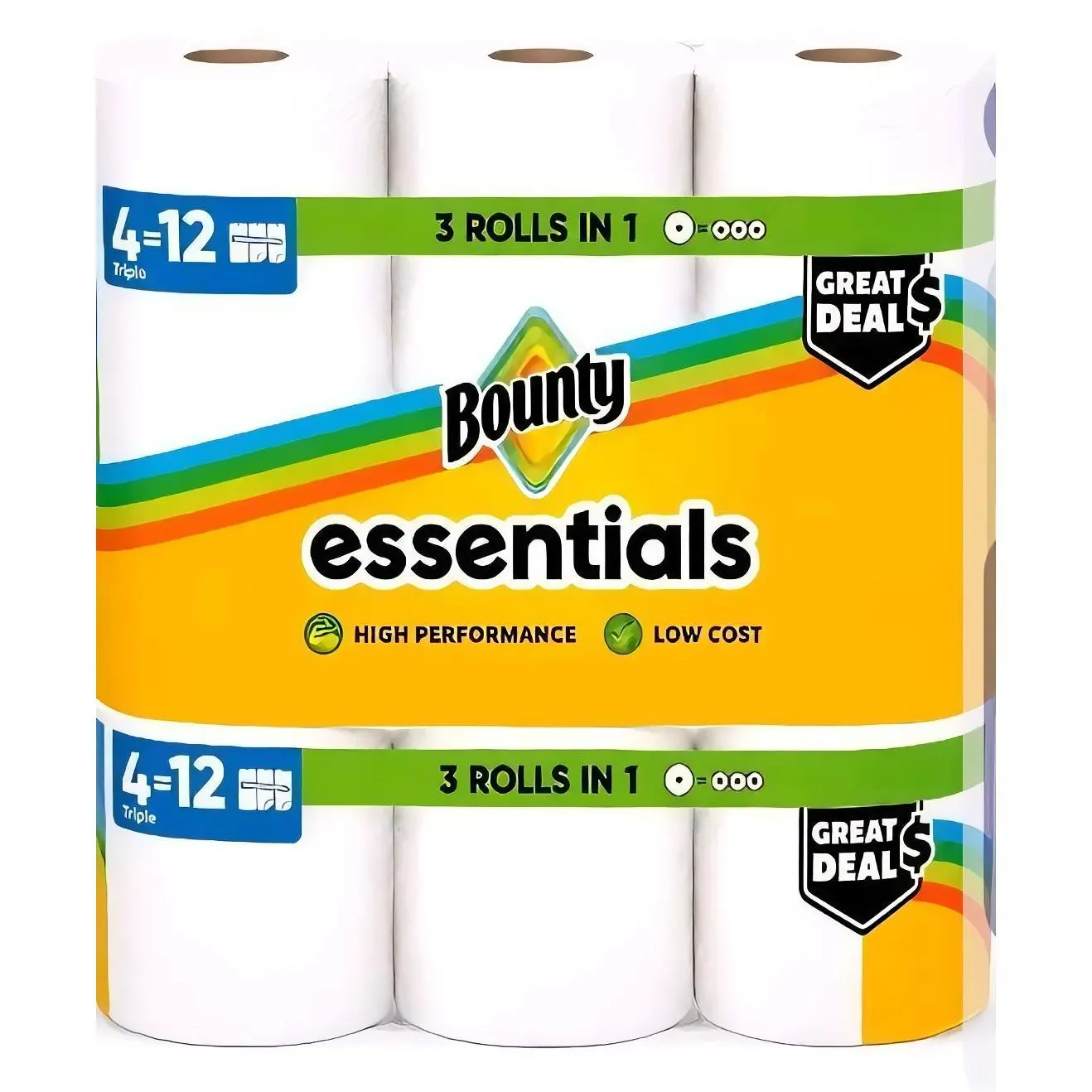 Bounty Essentials Multifold Roll Toilet Paper - 3-in-1 High Performance, Low Cost, 4-12 Triple Pack Home Care Supply, Great Deal